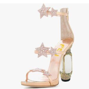 FSJ Gold Star Open Toe Stylish Sandals Ankle Strap Crystal Heels Ballroom Shoes
